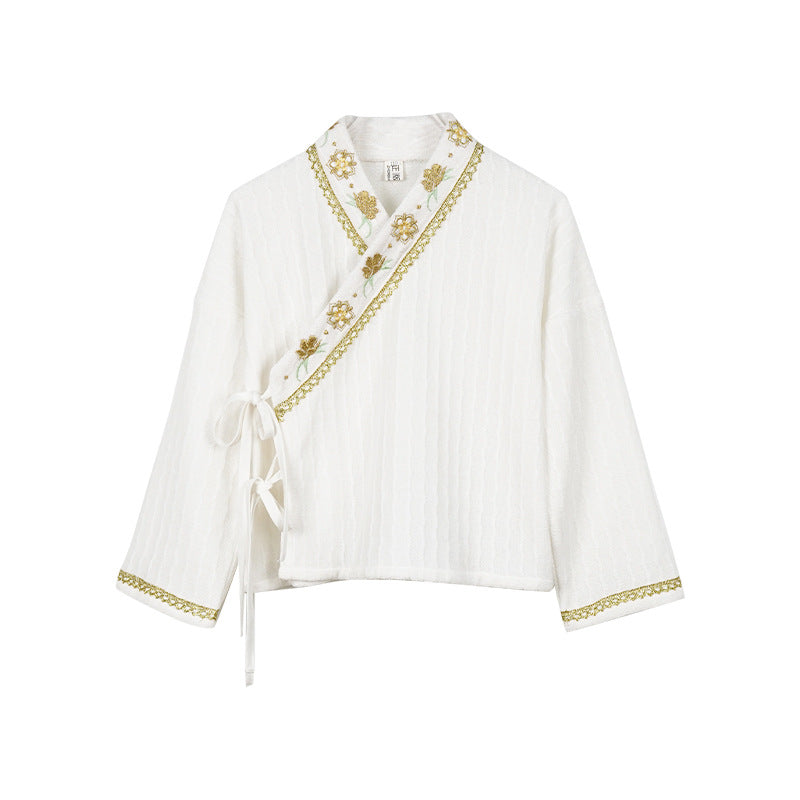 White 50% cotton top with gold embroidery for mamianqun