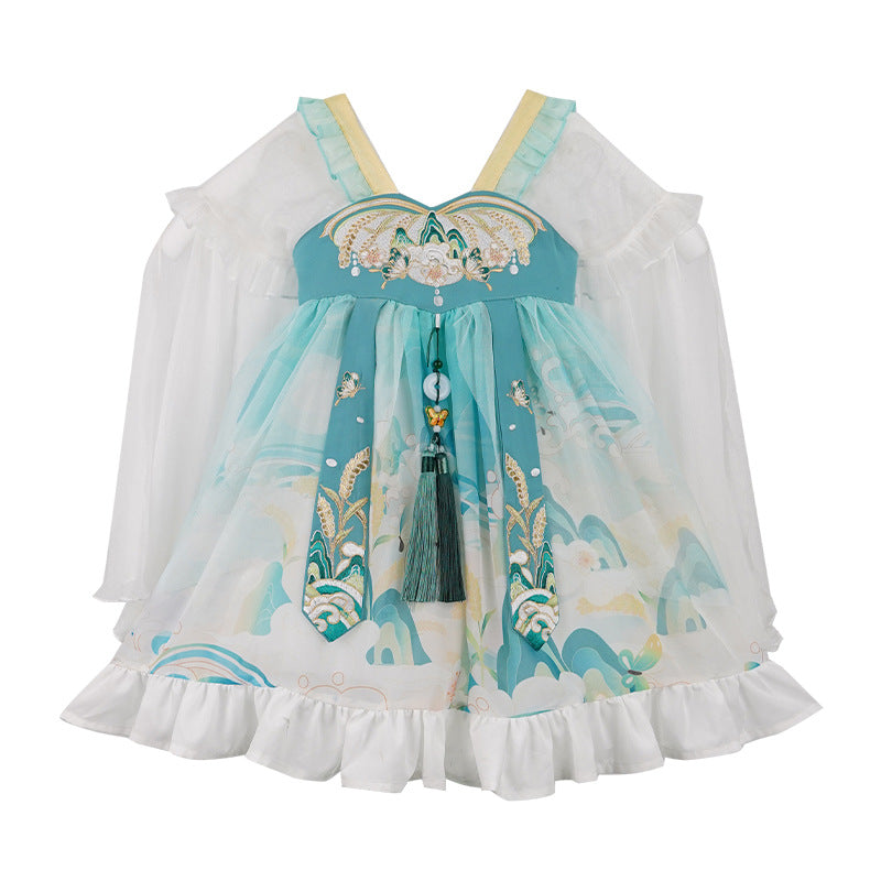 Green Lolita style printed gauze skirt Hanfu suitable for little girl