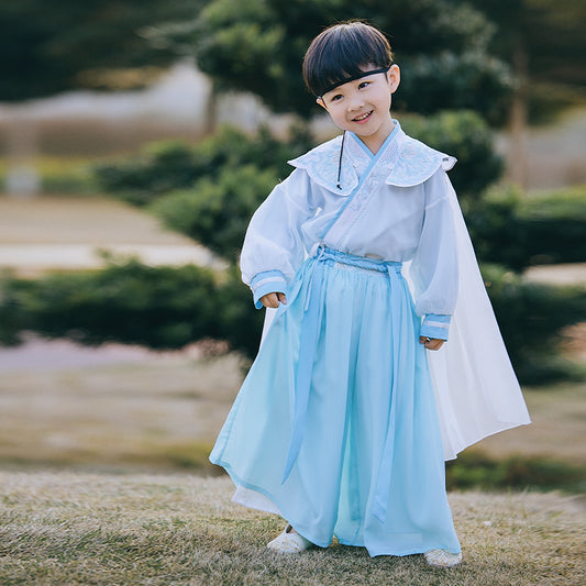 A boy model wearing tang suit hanfu with Detachable hand embroidered shawl, perfect for spring and summer