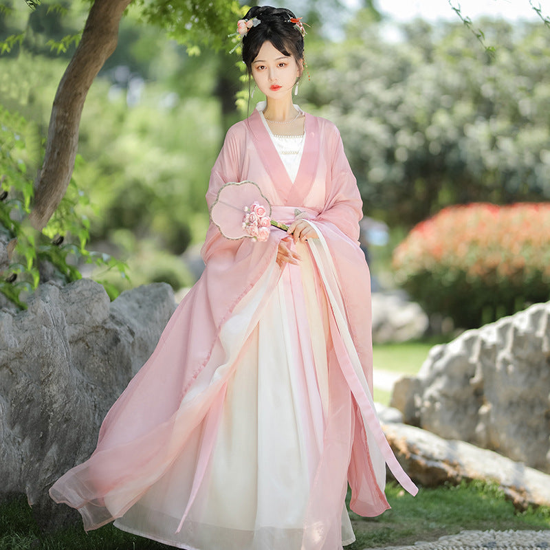 A pink and white Chinese style Hanfu skirt made of chiffon material, very light and thin, convenient for going out