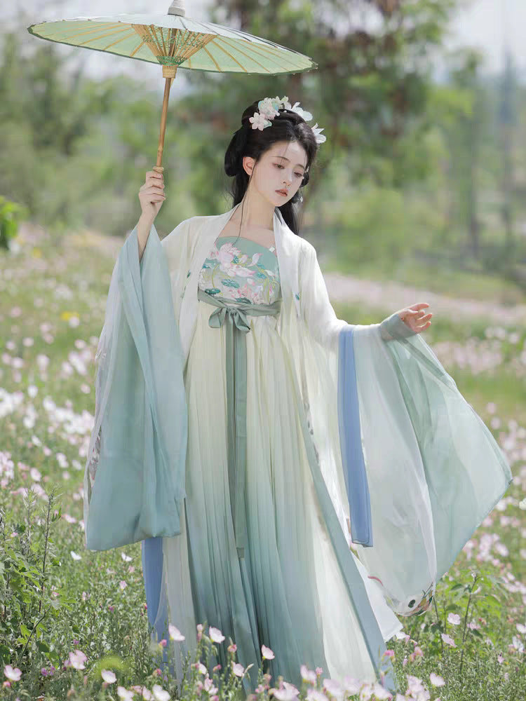 A good quality female hanfu made of Satin jacquard and chiffon material