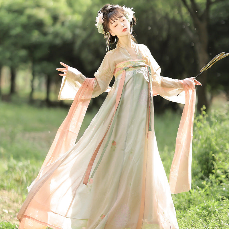 A female model wearing a Satin jacquard chinese Hanfu is perfect for traditional festivals or cultural events