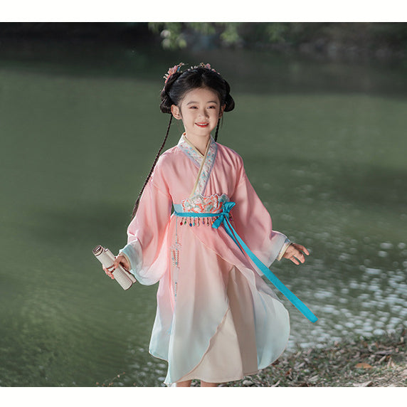 Pink Hanfu with hand-embroidered lotus pattern embroidered belt, suitable for girls to participate in traditional festival activities.