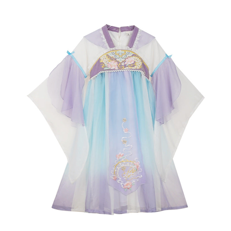 Actual photo of the back of girls’ Hanfu made of purple chiffon fabric