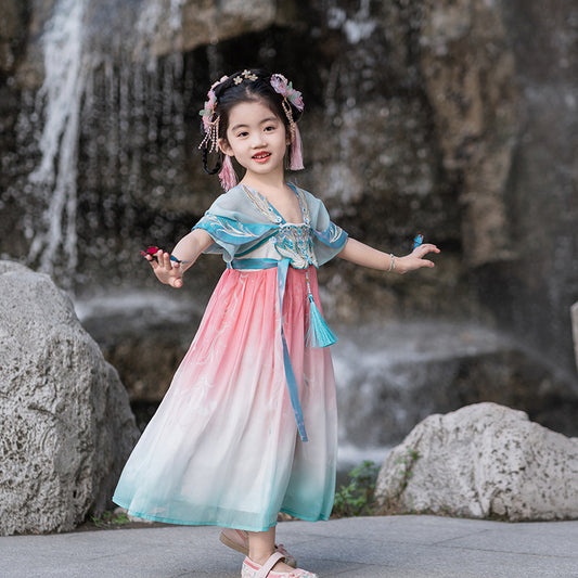 Gradient pink chiffon skirt, breathable summer girl's traditional style Hanfu, convenient for outdoor activities